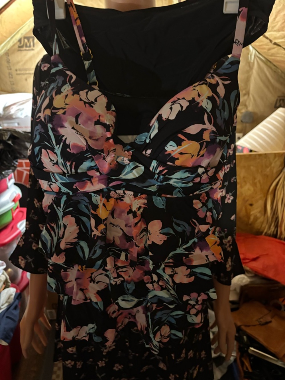 Black Floral Tankini with Pastel Blooms & Black Shorts